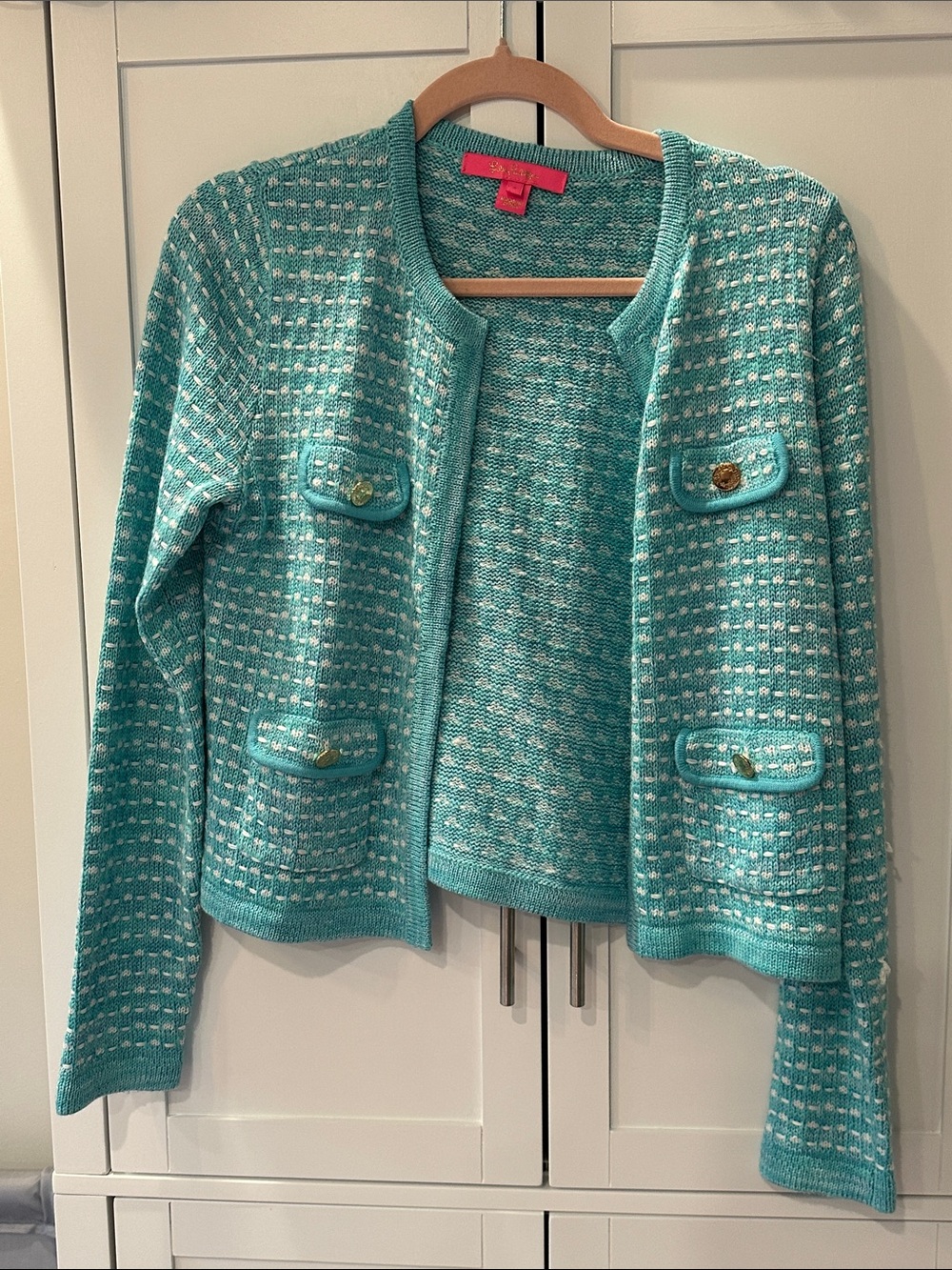 Lilly Pulitzer Open-Front Turquoise Tweed Cardigan with Pocket Details